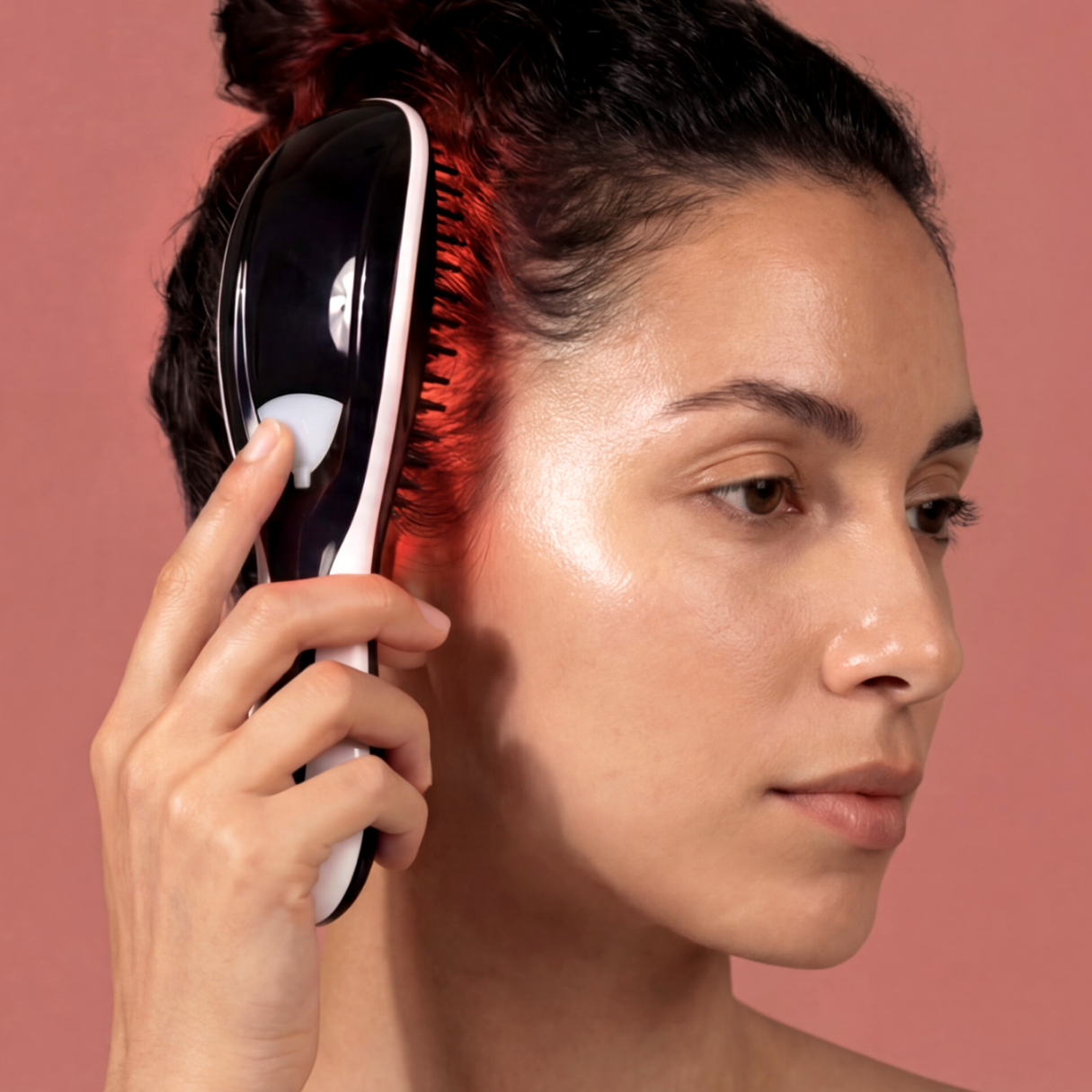 Una donna usa un pettine bianco e nero con luci rosse sull'attaccatura dei capelli.