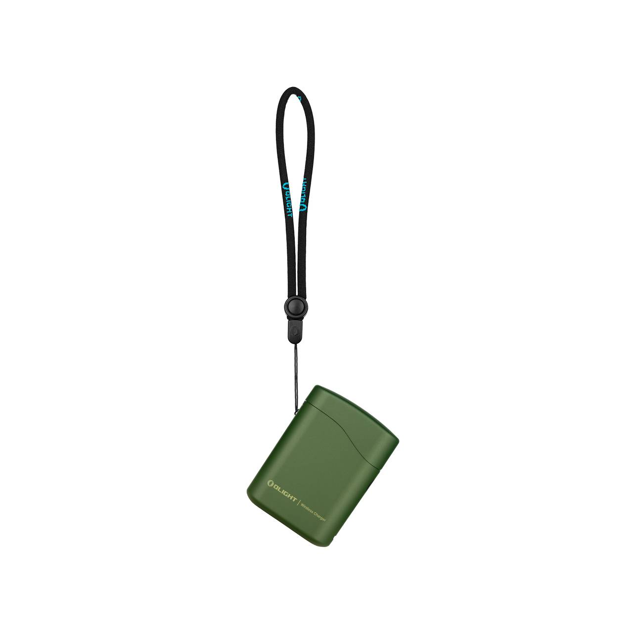 Un caricatore wireless Olight verde con cordino nero è mostrato su sfondo bianco.