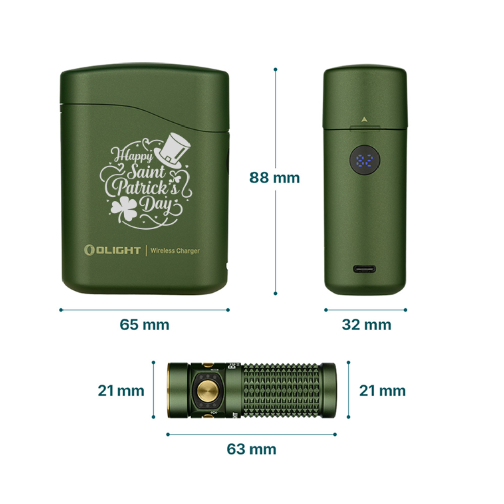 Caricatore wireless Olight verde con design di San Patrizio e una piccola torcia verde.