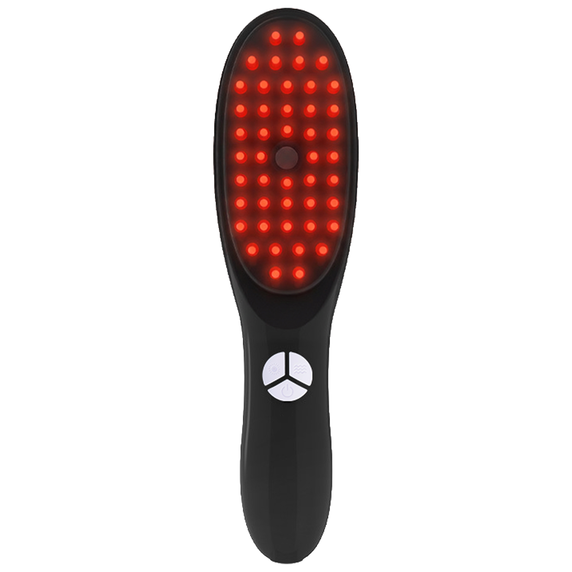 Un dispositivo nero con LED rossi in alto e controlli in basso.