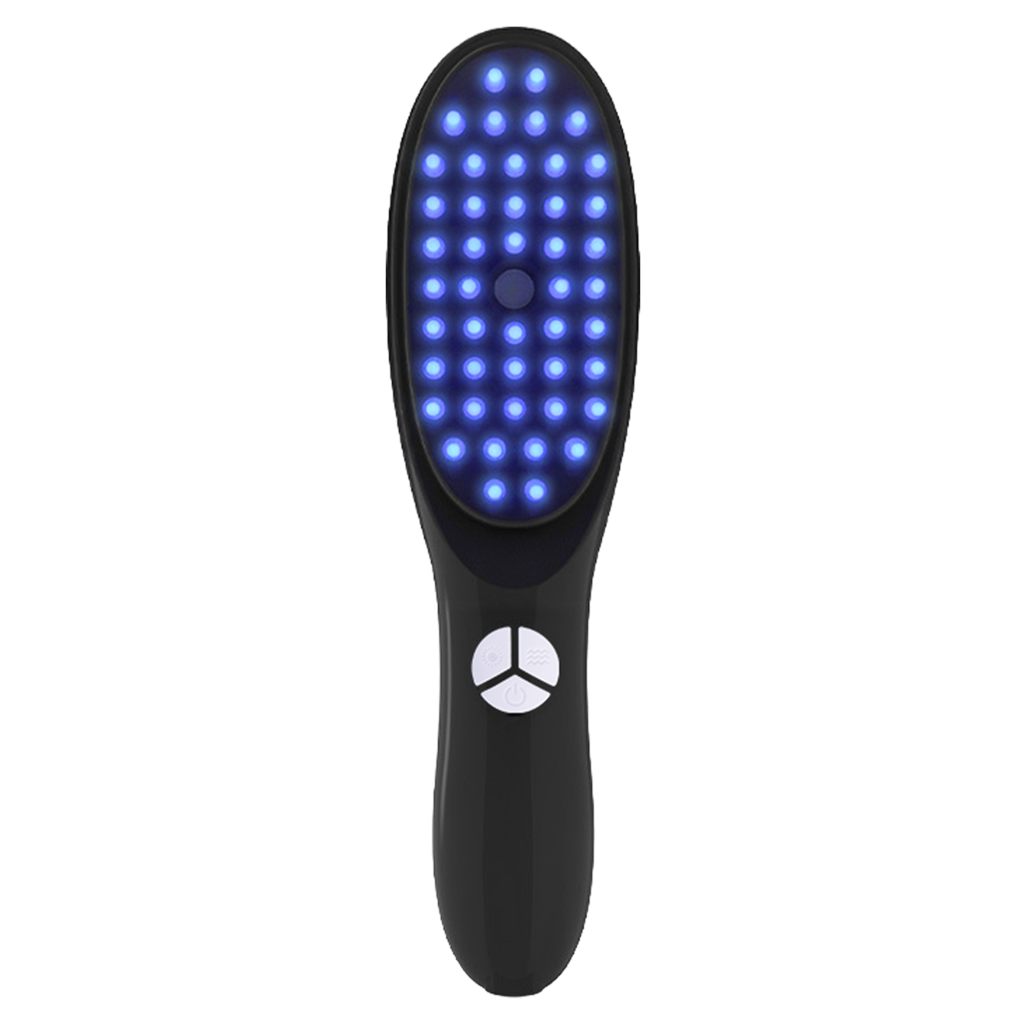 Pettine nero con LED blu e tre pulsanti bianchi sotto.