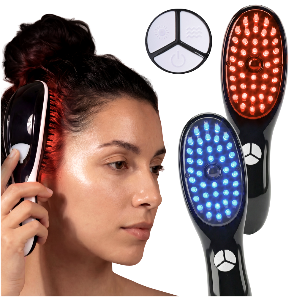 Una donna usa un dispositivo per la cura dei capelli con luci rosse.