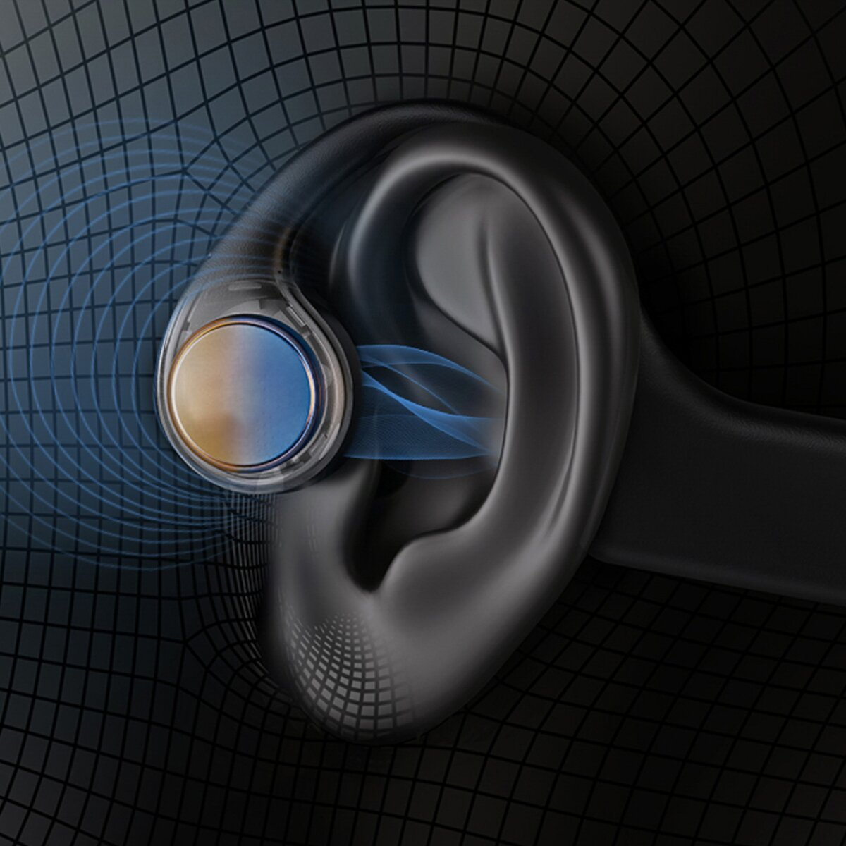 Auricolare wireless nell'orecchio, con onde sonore blu.