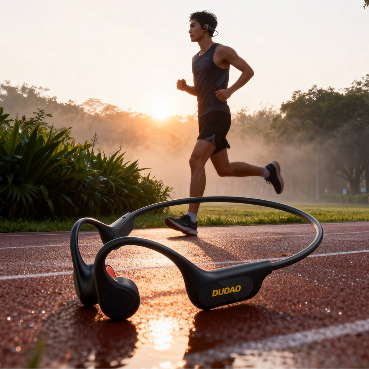 Un uomo corre su una pista all'alba con le cuffie.