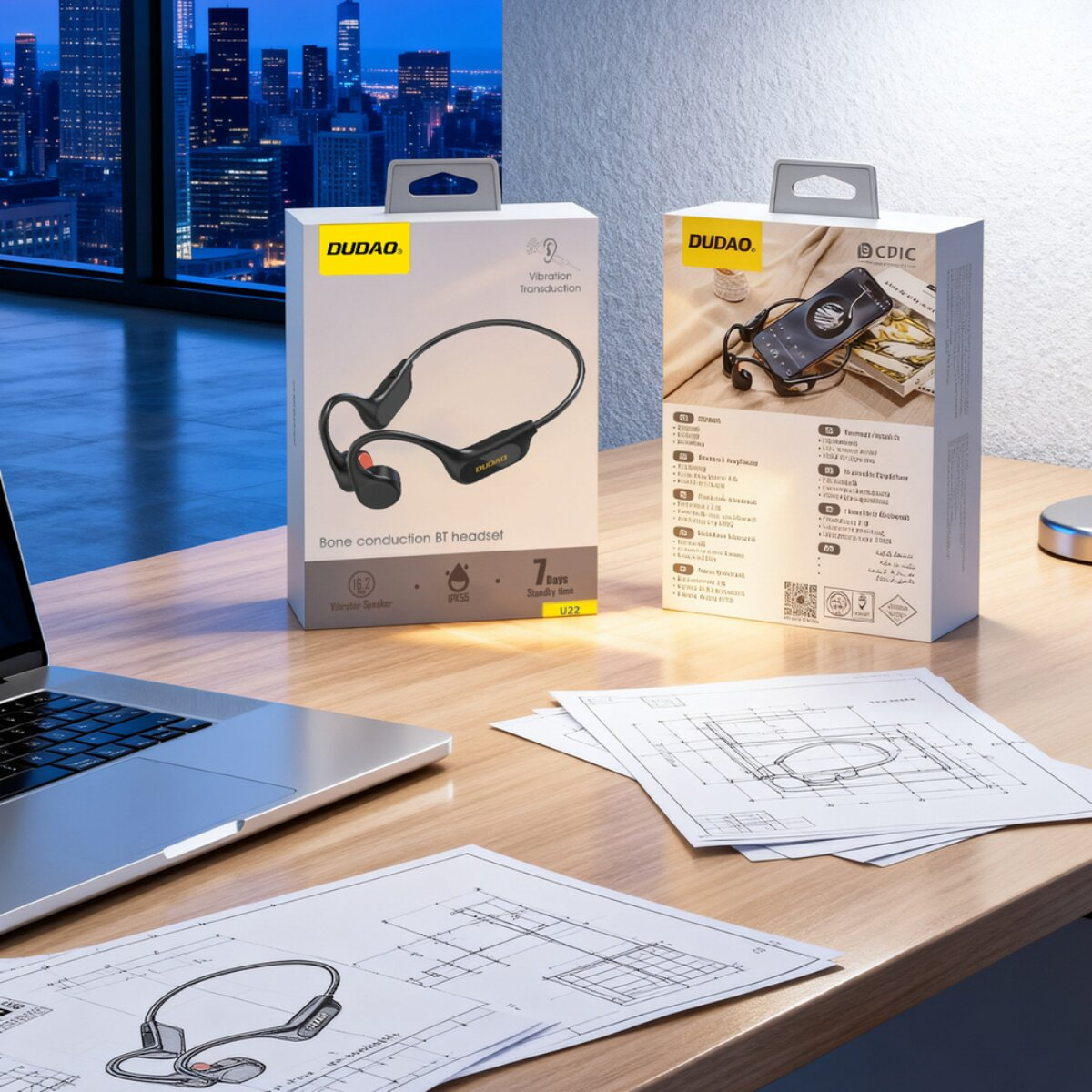 Confezione auricolari DUDAO Bone Conduction BT con cuffie e disegni tecnici.
