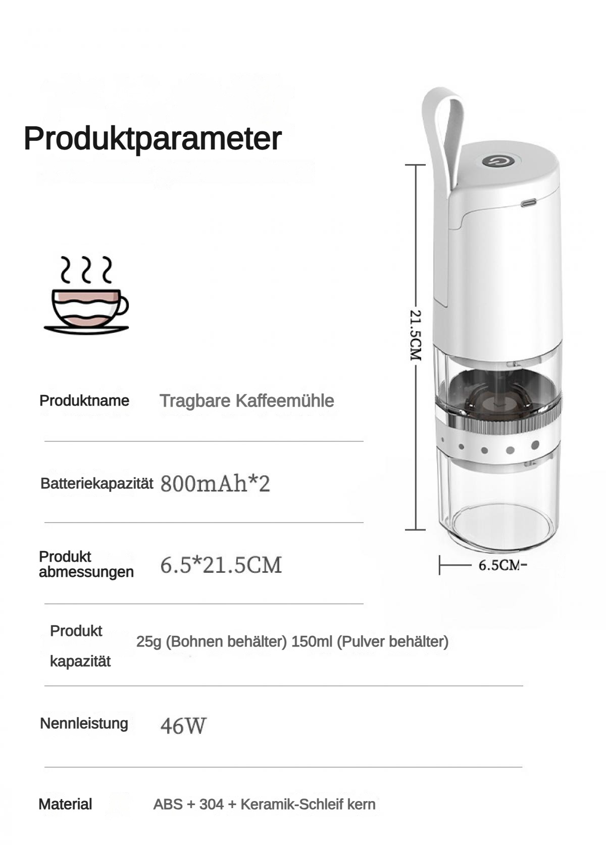 Weiße Kaffeemühle mit Maßen 6,5x21,5CM, 800mAh, 46W.