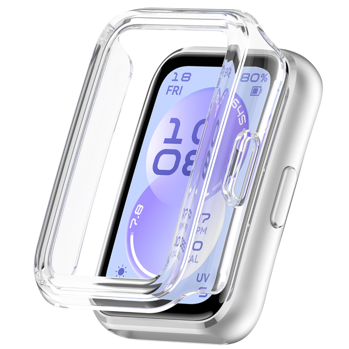 Custodia protettiva trasparente su uno smartwatch argentato che mostra l'ora digitale.