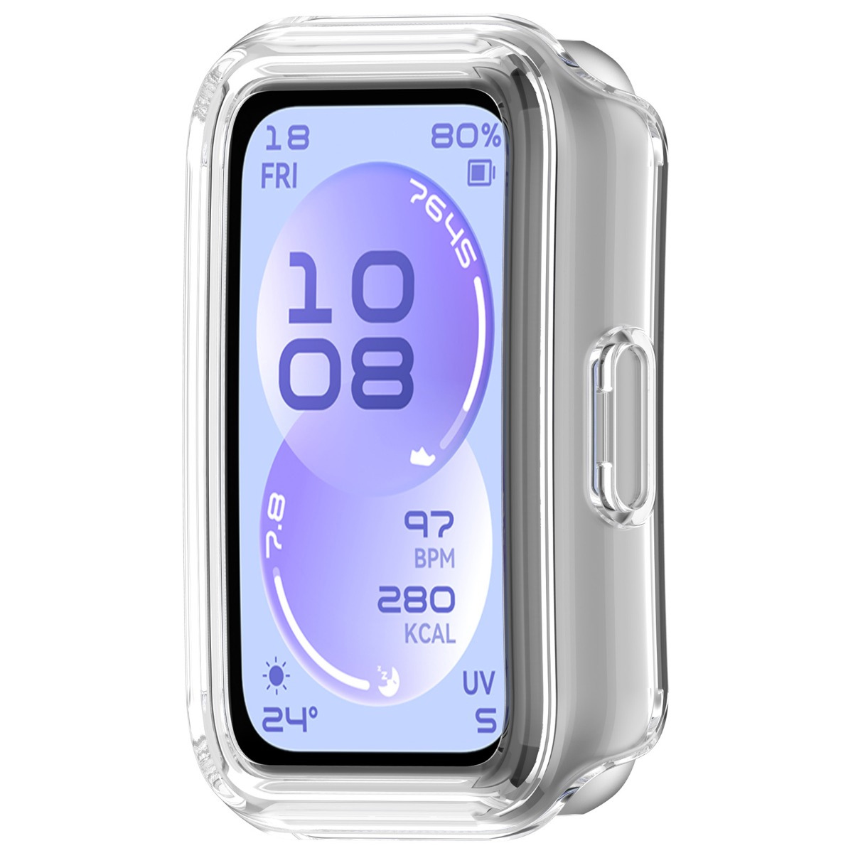 Custodia trasparente per orologio mostra schermo con ora 10:08, batteria 80%, data, temp, BPM, kcal.