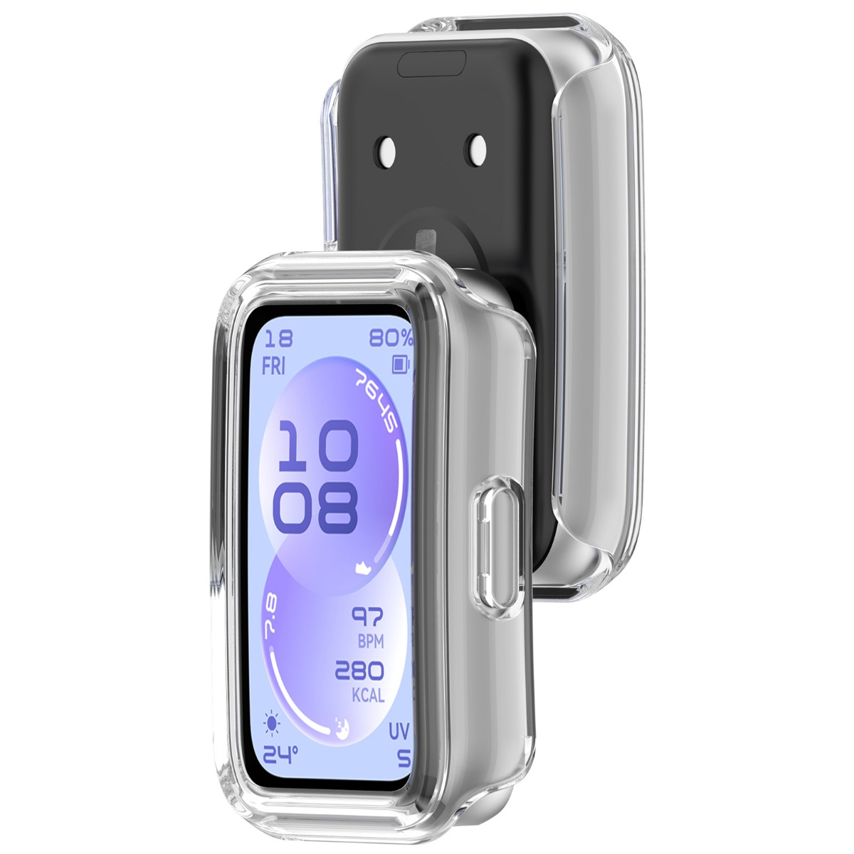 Custodia protettiva trasparente per smartwatch che mostra ora, data e metriche.