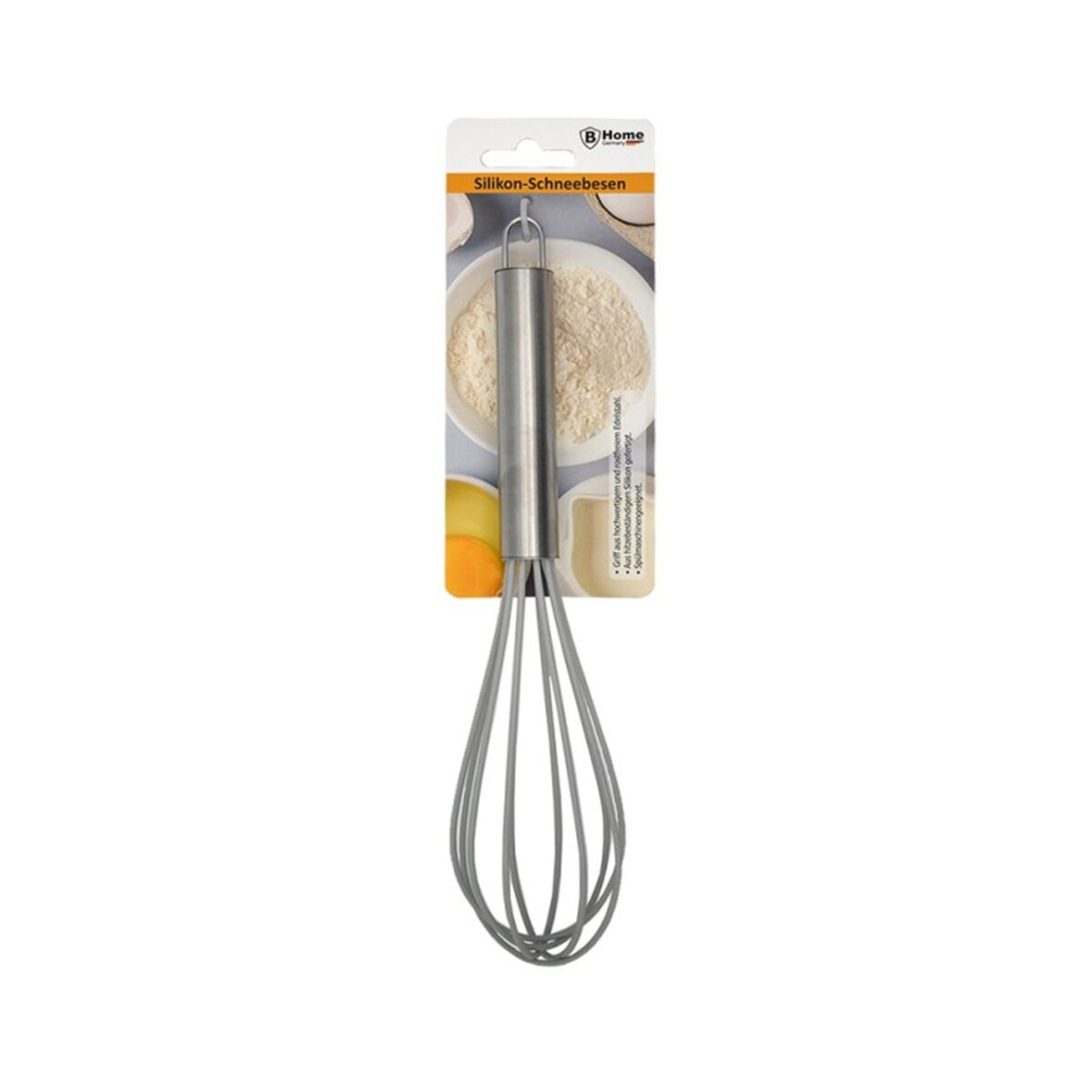 Grauer Silikon-Schneebesen mit Edelstahlgriff im Paket.