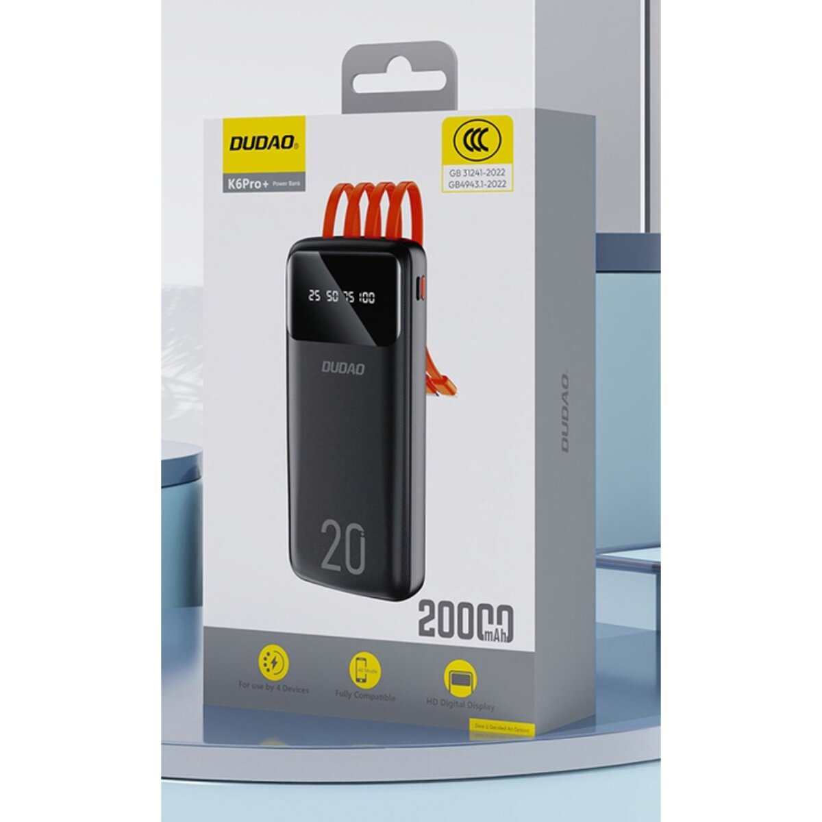 Schwarzes DUDAO K6Pro+ Power Bank mit orangefarbenem Lanyard auf Verpackung.