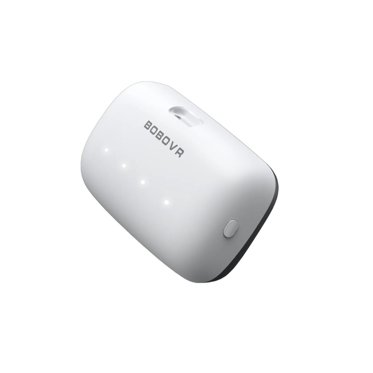 Un dispositivo bianco BOBOVR con quattro spie luminose e un pulsante.