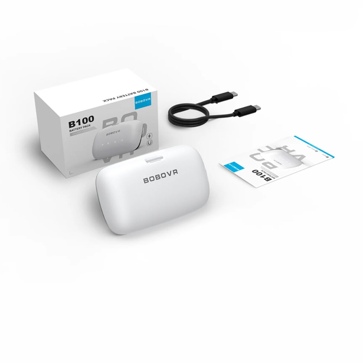 Pacco batteria VR bianco con cavo e confezione su sfondo bianco.