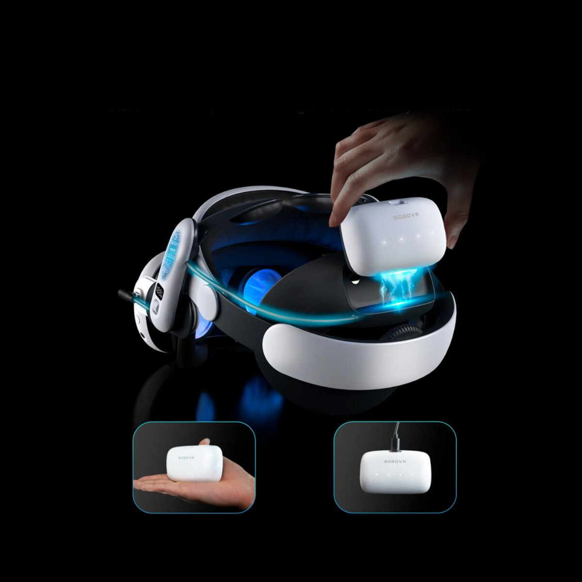 Pacco batteria bianco collegato a visore VR. Inserimento più piccolo lo mostra in mano.