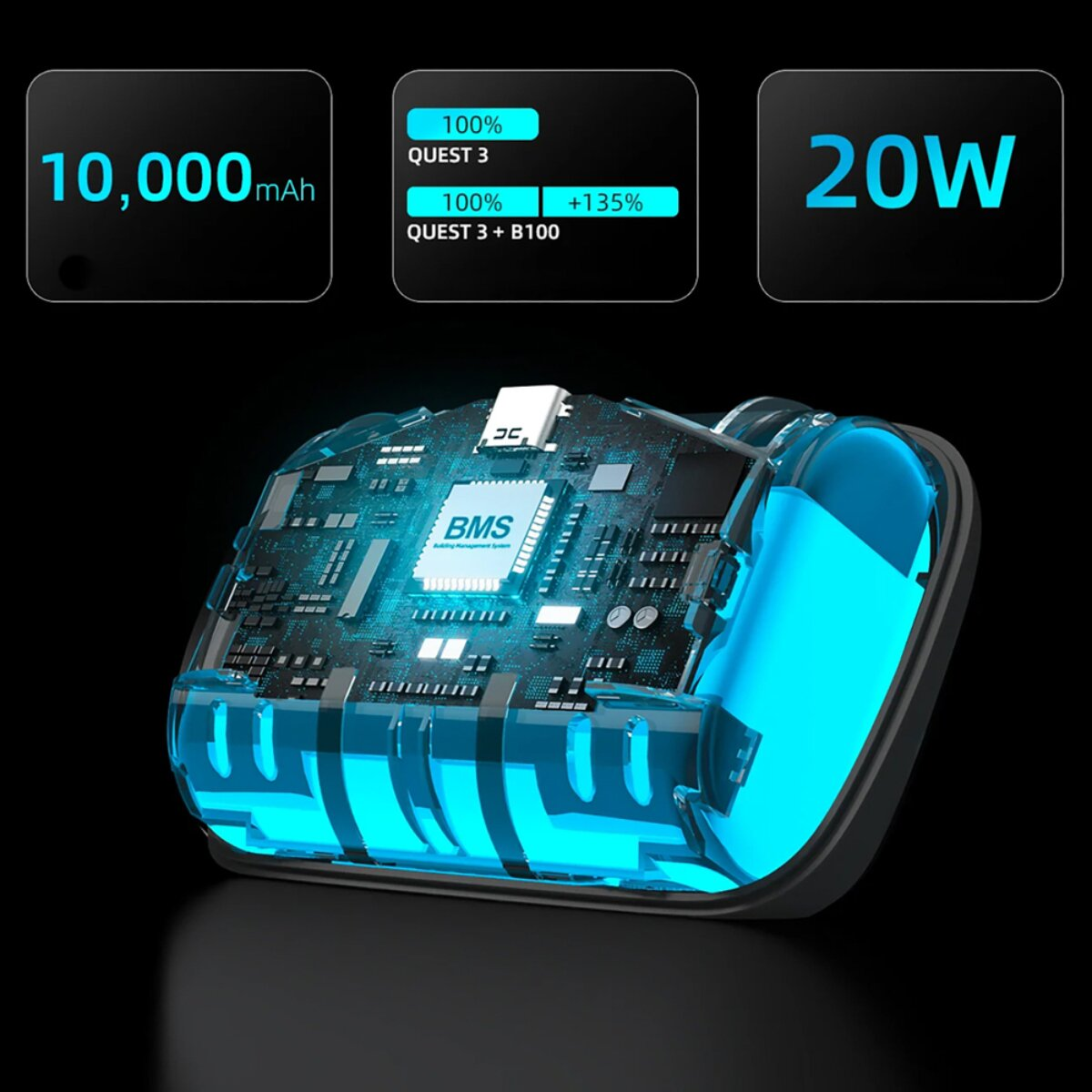 Un involucro trasparente mostra un circuito stampato con BMS e celle di batteria blu.