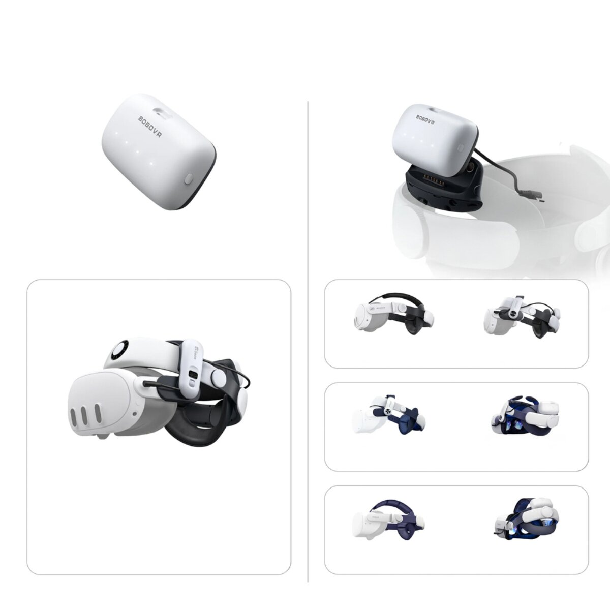 Visore VR bianco con accessori e varie fasce in bianco e blu.