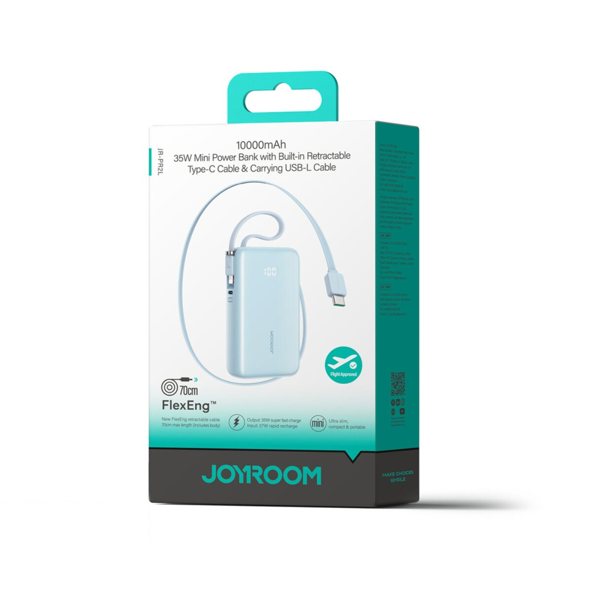 Blaue Powerbank mit 10000mAh, integriertem Kabel, auf der Verpackung.