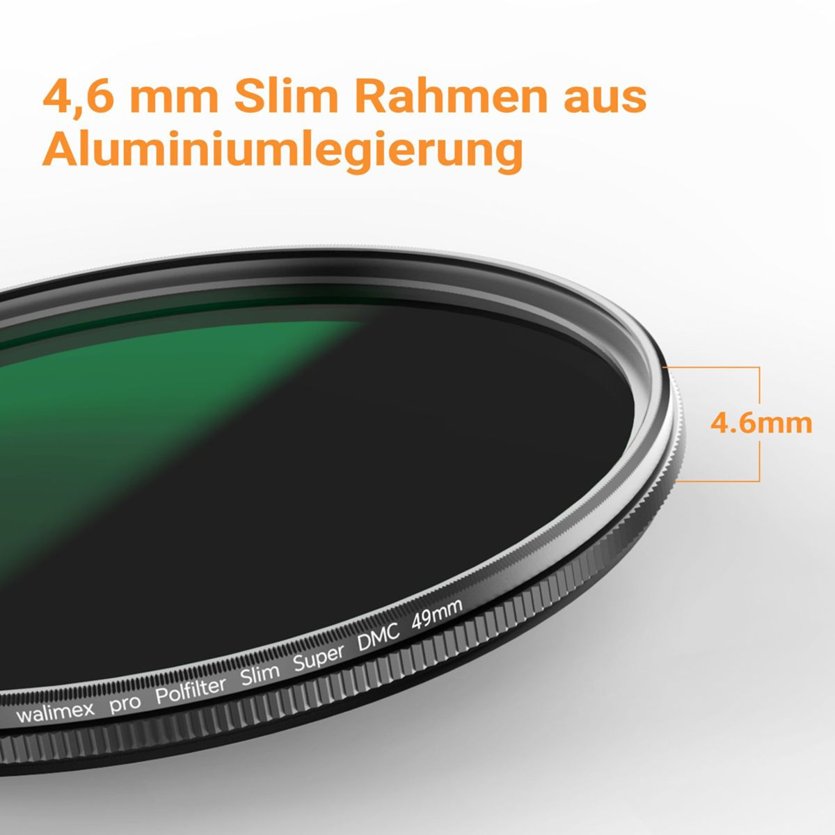 Grauer Filterrahmen aus Aluminiumlegierung, 4,6 mm Slim, mit Beschriftung.