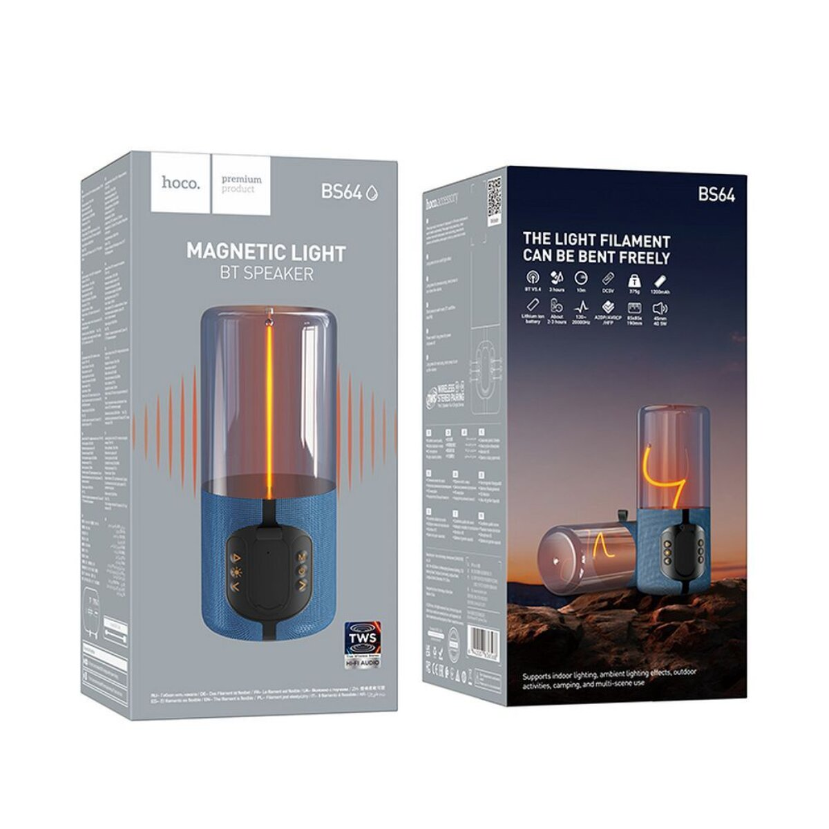 Verpackung eines blauen Bluetooth-Lautsprechers mit magnetischer Lampe.