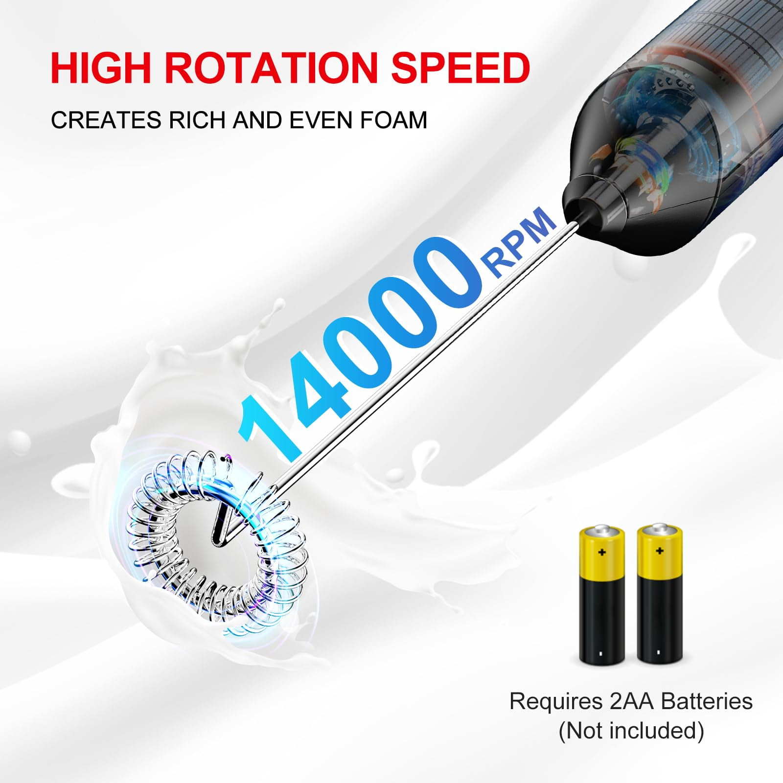 Milchaufschäumer mit 14000 U/min, zwei AA-Batterien erforderlich.