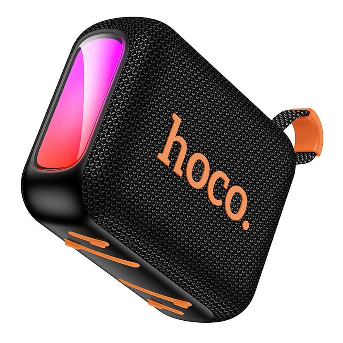 Altoparlante Hoco nero con accenti arancioni e LED sfumato.