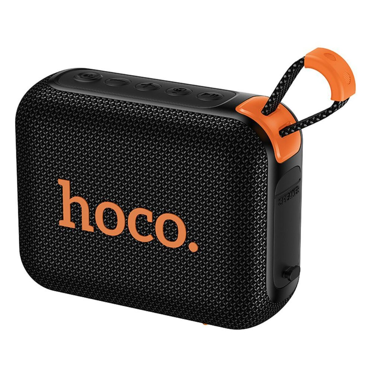 Altoparlante nero con logo Hoco arancione e cinghia.