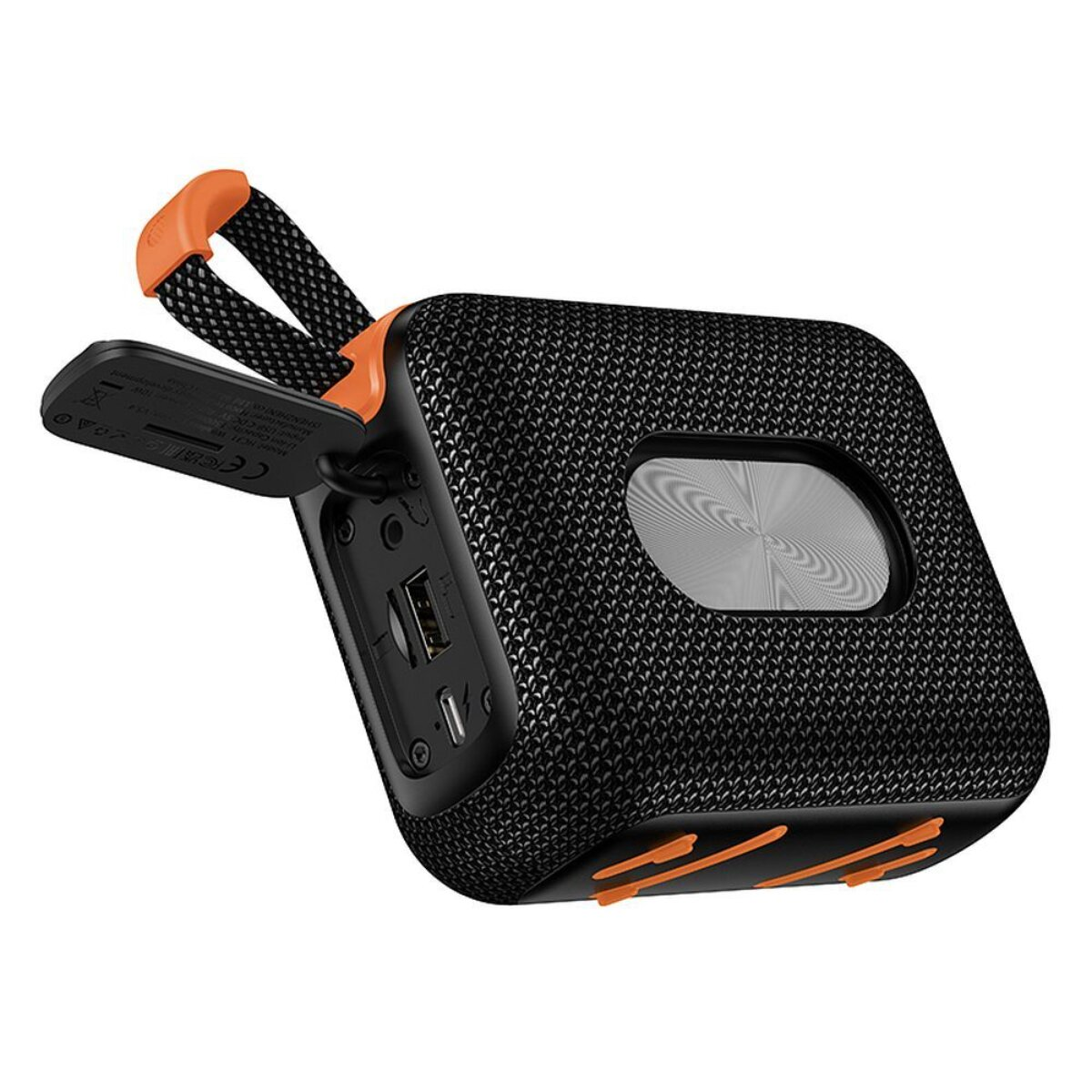 Altoparlante portatile nero con accenti arancioni e passante.