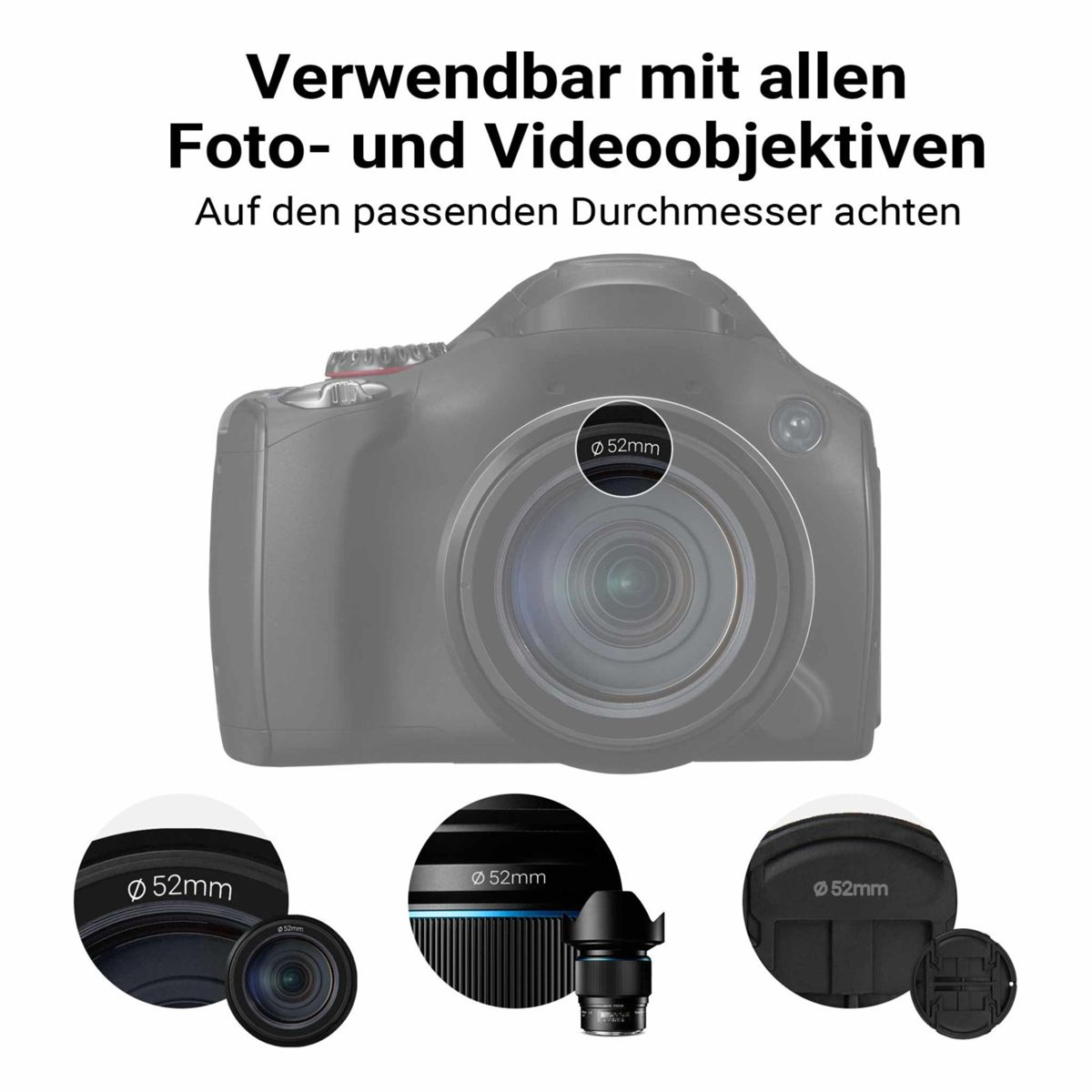 Kamera mit 52mm Objektiv-Durchmesser-Markierung und Zubehör