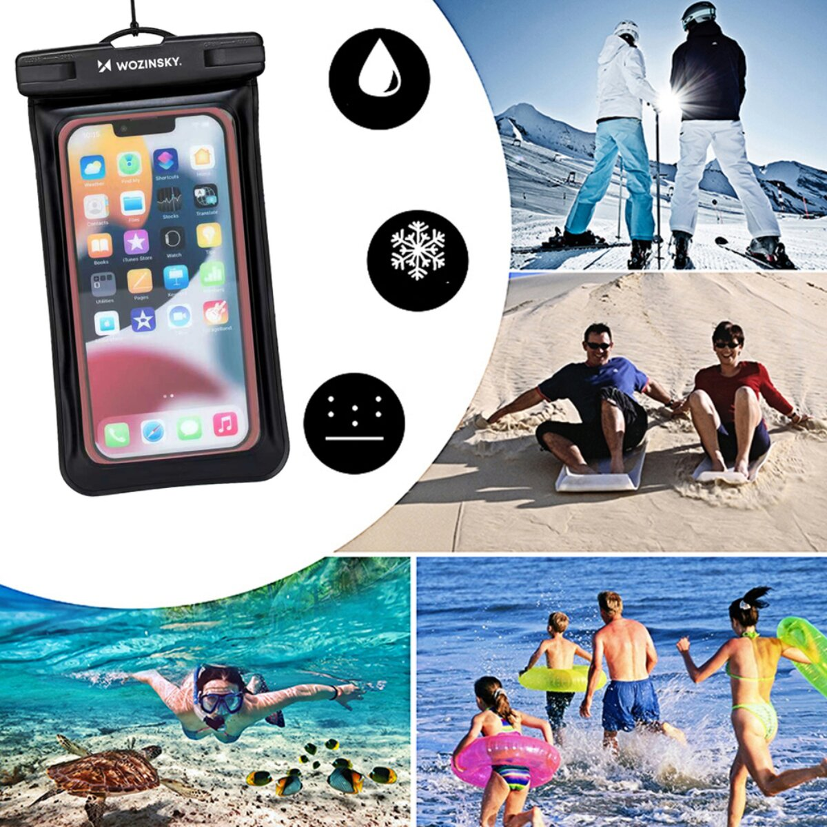 Wasserdichte Handyhülle mit Icons für Wasser, Schnee & Staub. Bilder zeigen Skifahrer, Sandboarder, Schnorchler & Kinder am Strand.