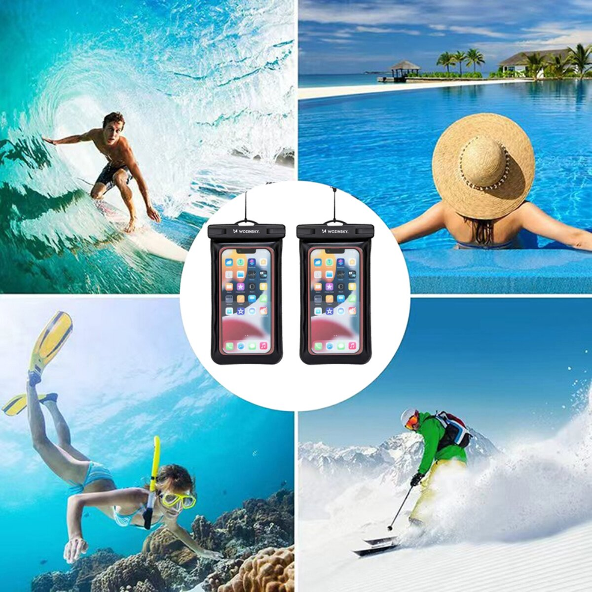 Vier Szenen: Surfer, Frau am Pool, Schnorchlerin, Skifahrer. Zwei wasserdichte Handyhüllen.