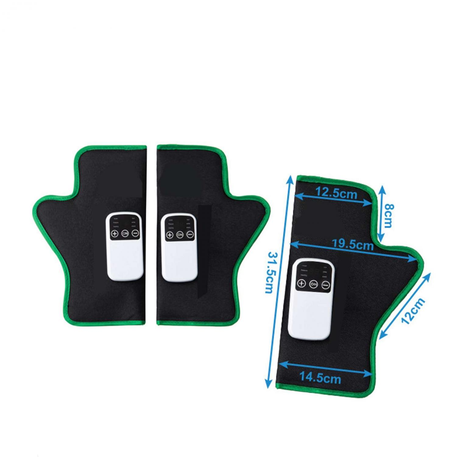 Schwarze EMS-Pads mit grünen Rändern und weißen Steuergeräten, Abmessungen angegeben.