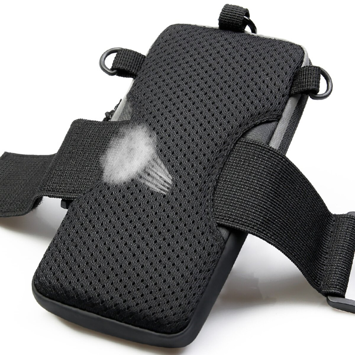 Schwarze Handy-Armtasche aus Mesh mit atmungsaktiver Funktion.