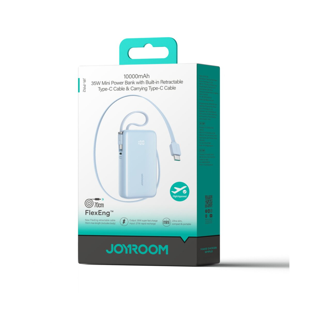 Verpackung eines blauen 10000mAh JOYROOM Powerbanks mit integriertem Kabel.