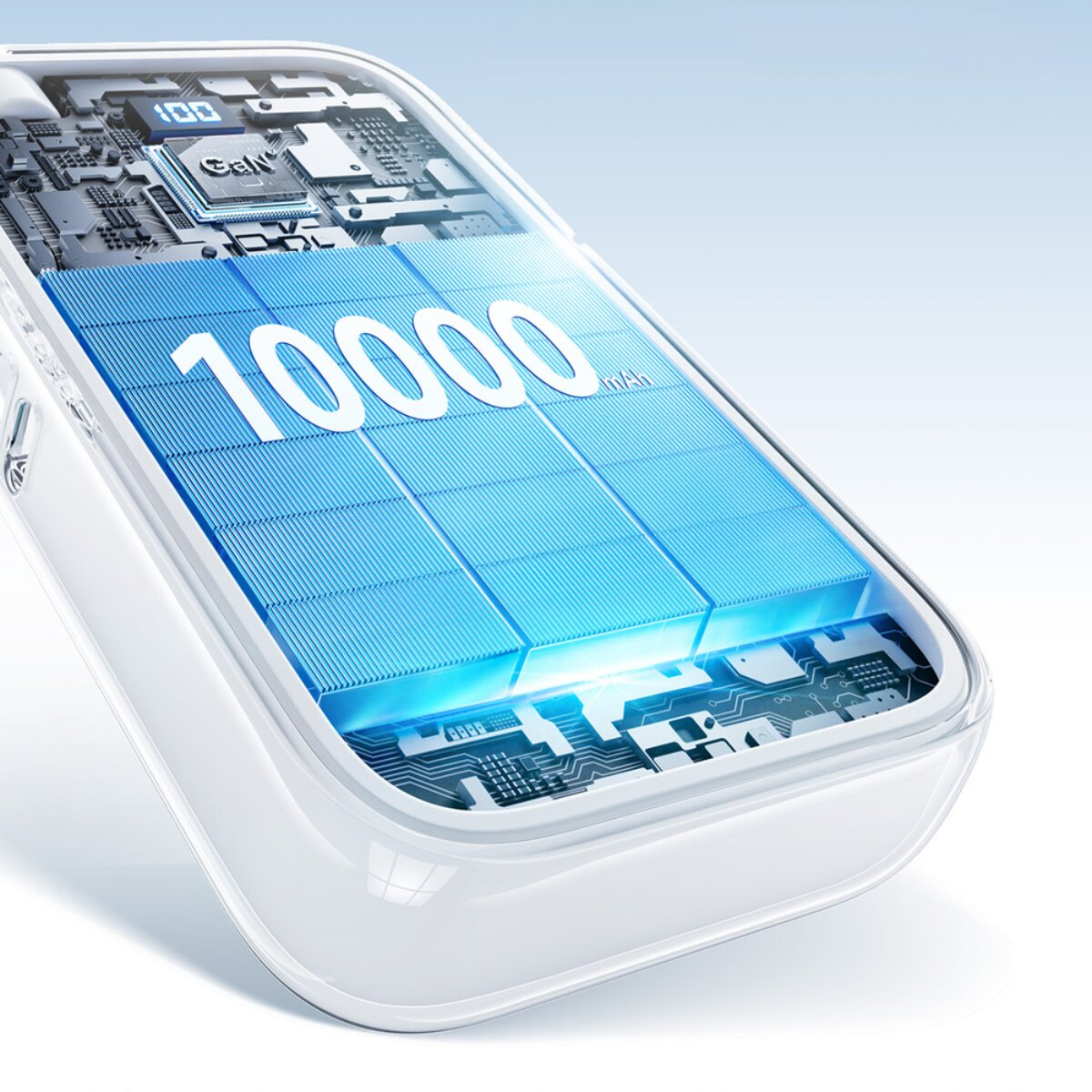 Transparenter Powerbank zeigt 10000mAh Akku, Schaltkreise und 100% Ladeanzeige.