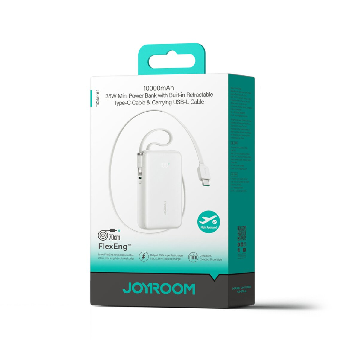 Weiße 10000mAh Joyroom Powerbank mit einziehbarem Typ-C-Kabel.