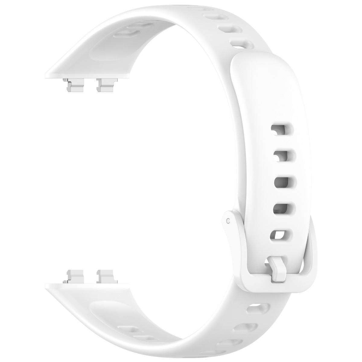 Ein weißes Uhrenarmband mit einem Schnallenverschluss und Lochmuster.