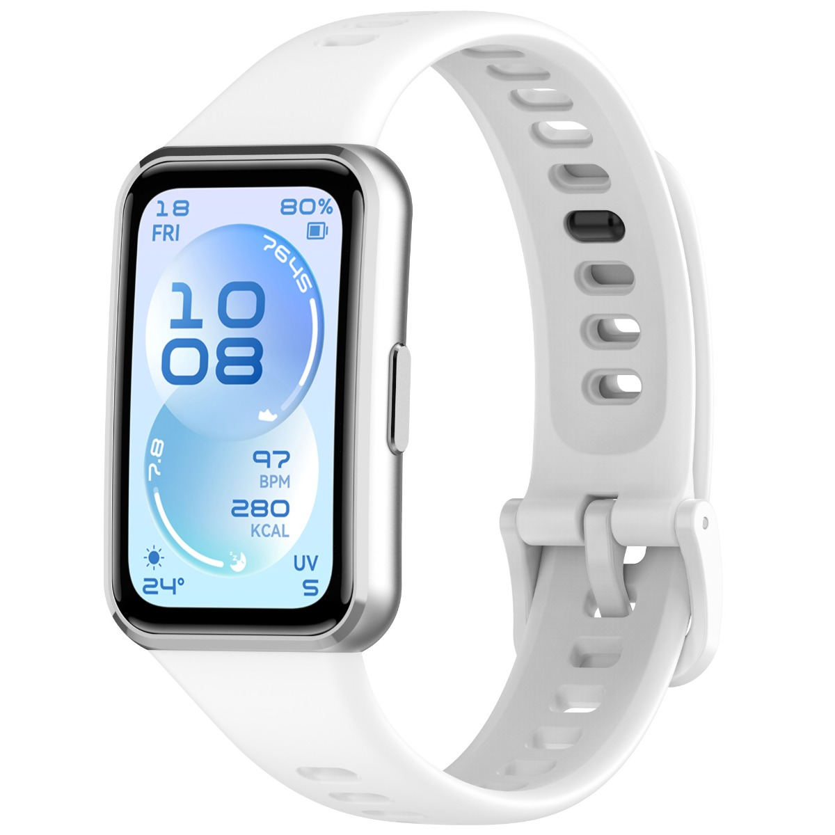 Weiße Smartwatch mit silbernem Gehäuse und Zifferblatt, das Uhrzeit, Datum, Herzfrequenz und Kalorien anzeigt.