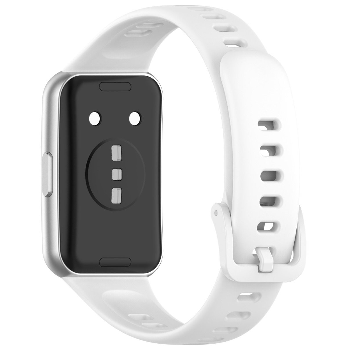 Ein weißes Fitnessarmband mit silbernem Gehäuse und schwarzem Bildschirm.
