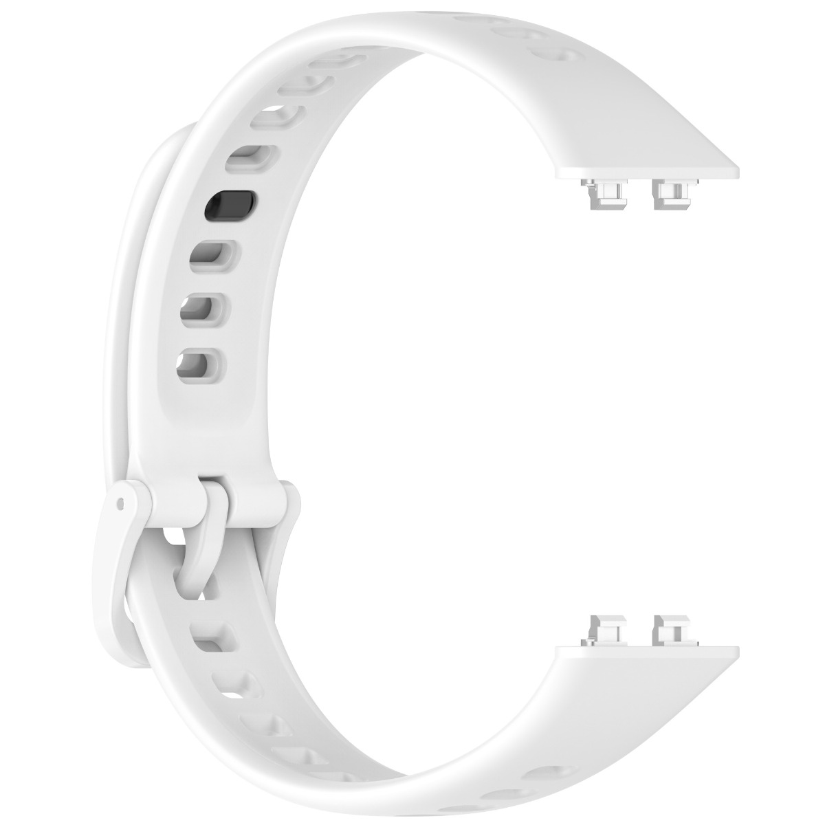 Ein weißes Armband für ein Smartwatch mit Löchern und einem Verschluss.
