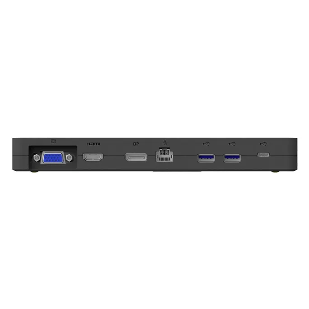 Ein schwarzer Dockingstation-Anschluss mit VGA, HDMI, DP, Ethernet und USB.