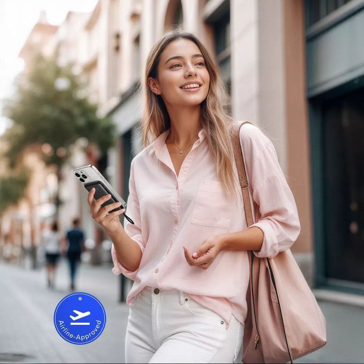 Eine Frau in rosa Hemd und weißen Hosen hält ein Handy mit Airline-Logo.