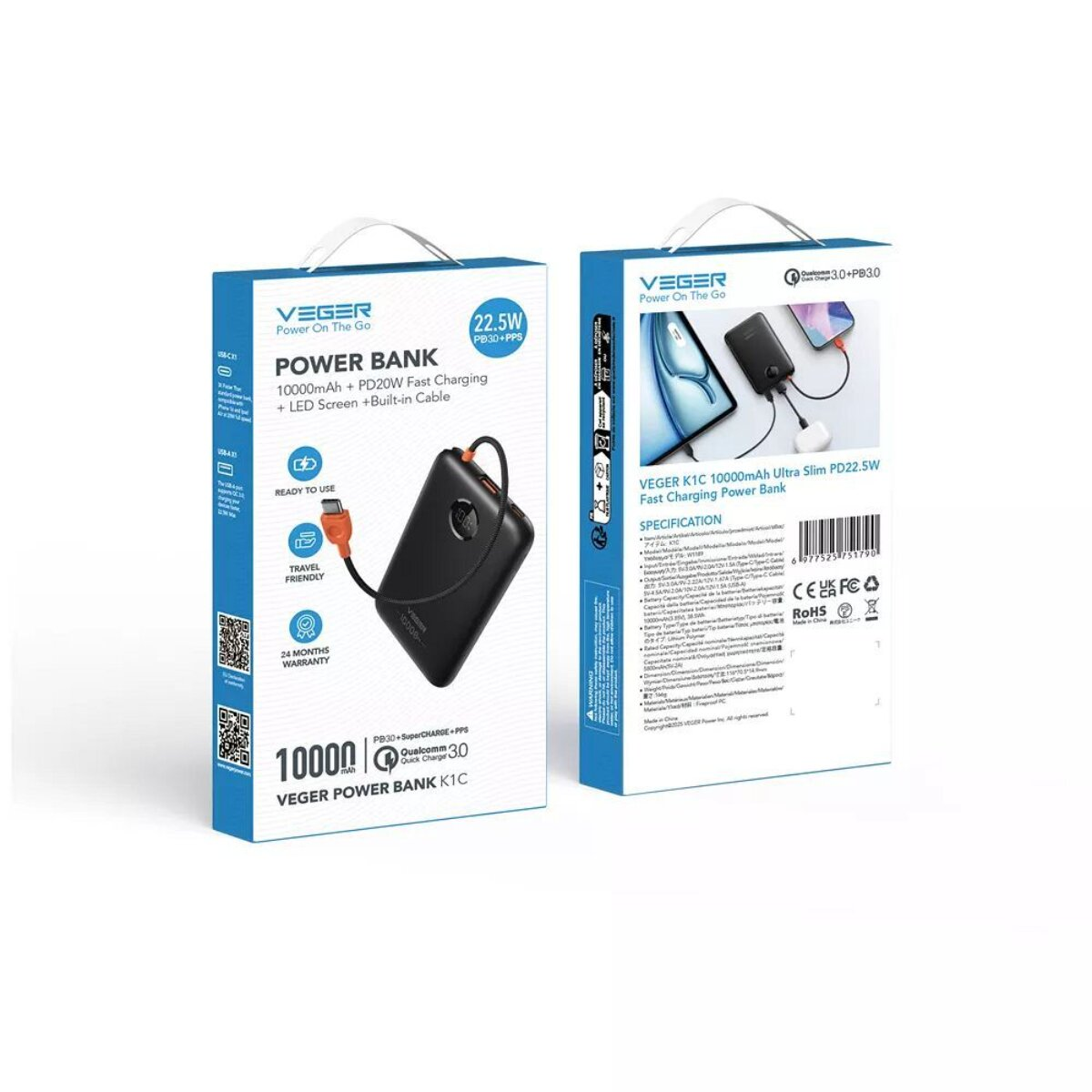 Verpackung einer VEGER Powerbank mit 10000mAh, PD20W Schnellladung und integriertem Kabel.