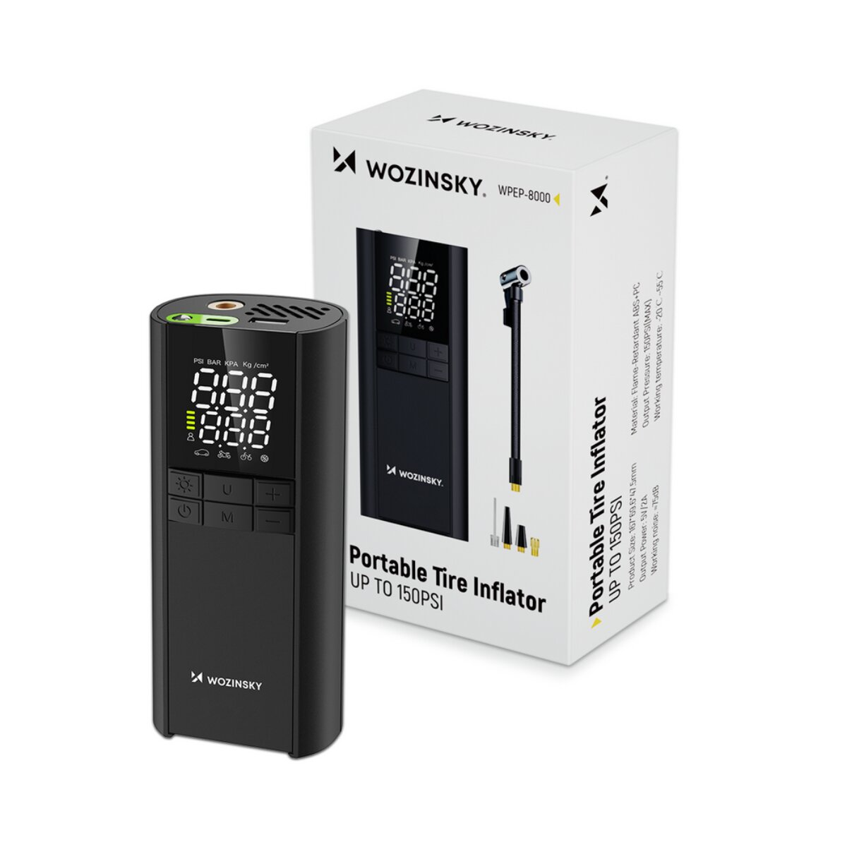 Schwarzer portabler Reifenfüller mit digitalem Display und Zubehör neben einer Produktverpackung.