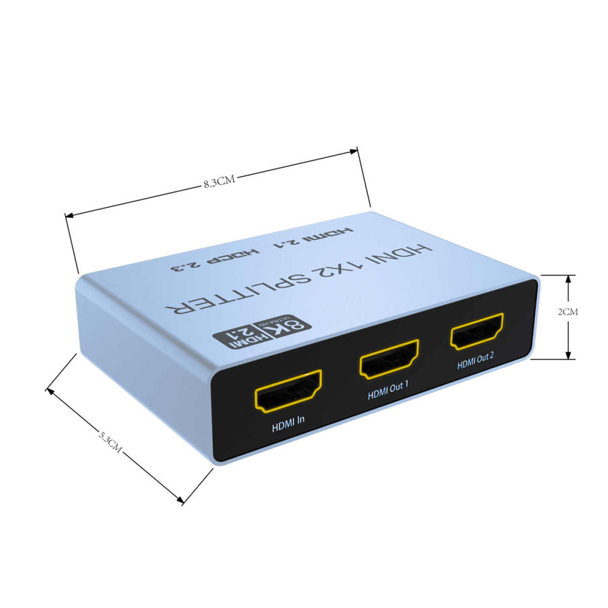 Ein silberner HDMI 1x2 Splitter mit 3 HDMI-Anschlüssen: 1 Eingang, 2 Ausgänge.