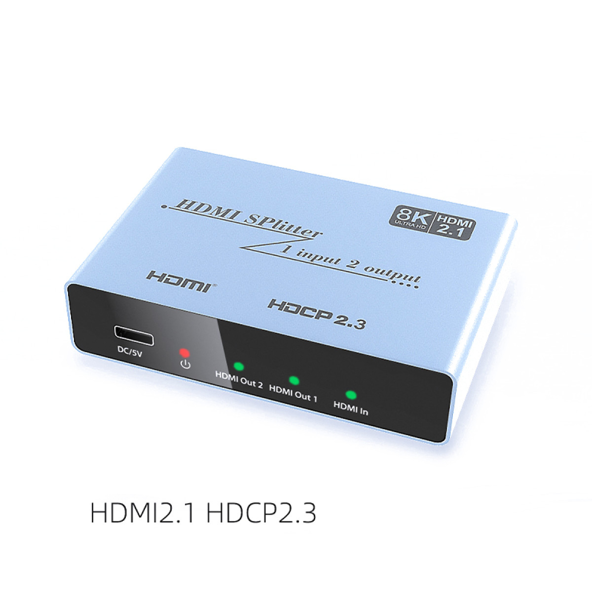 Blauer HDMI-Splitter mit 1 Eingang und 2 Ausgängen, 8K, HDCP 2.3.