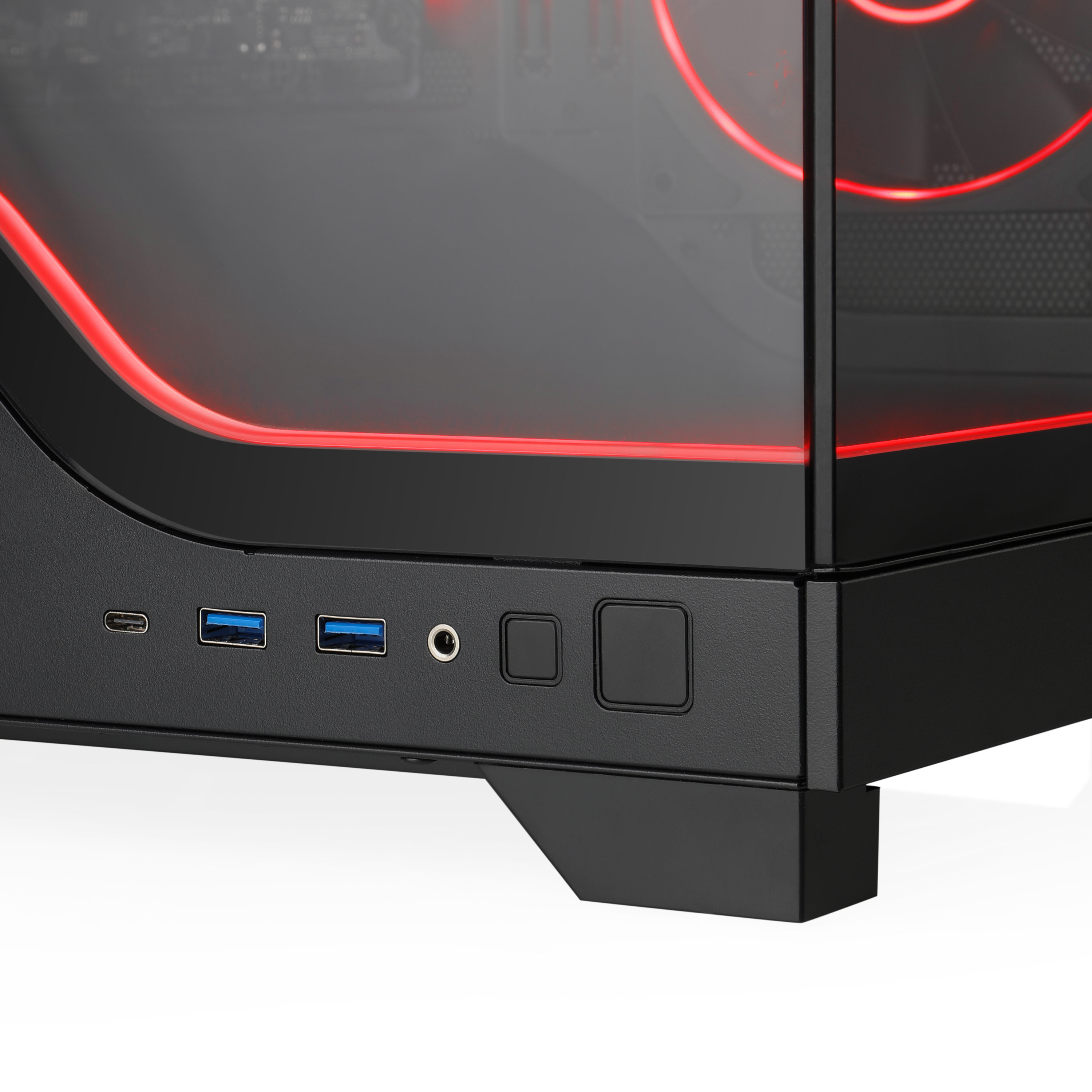 Schwarzes PC-Gehäuse mit roten LED-Streifen und Frontanschlüssen wie USB-C.