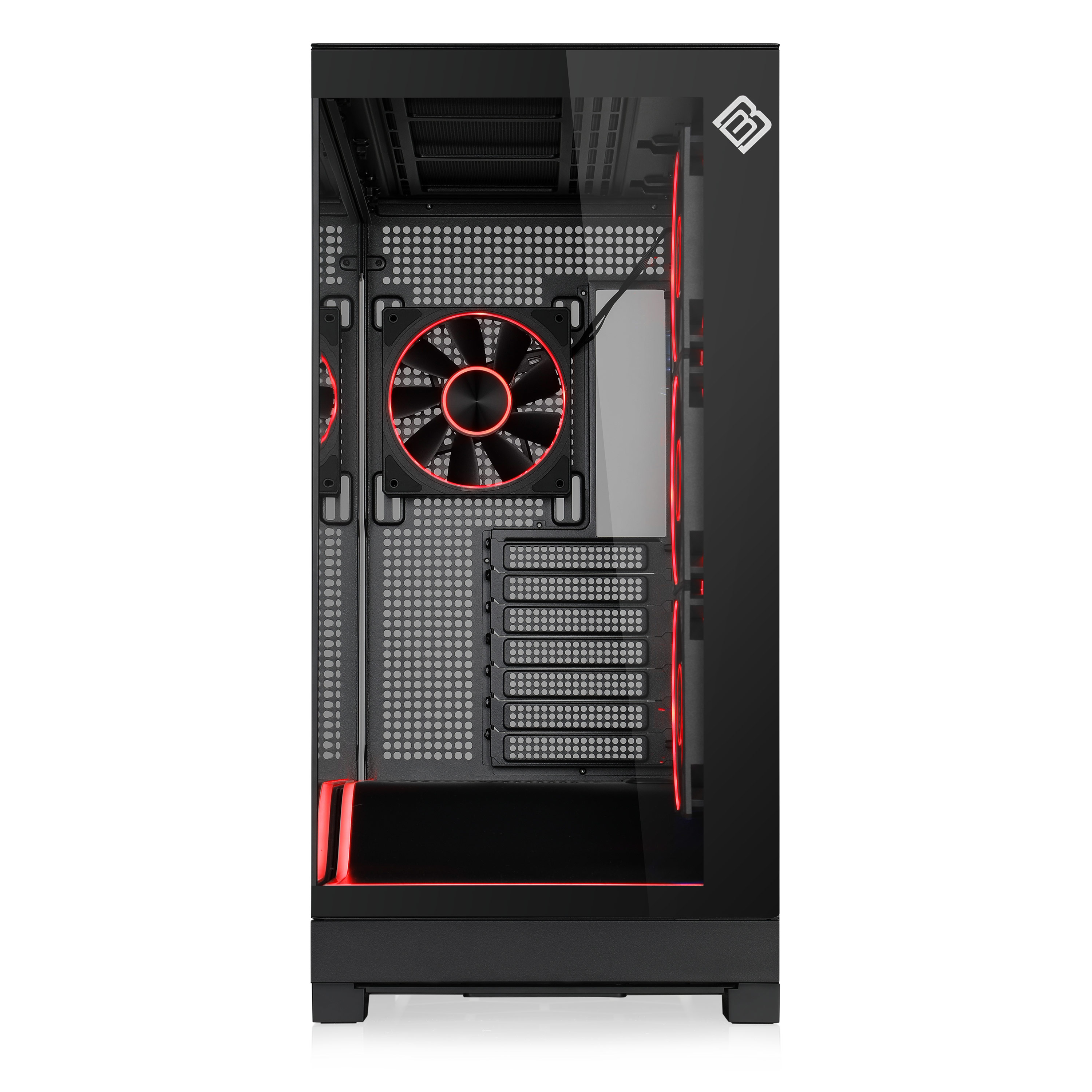 Ein schwarzes Computergehäuse mit roten Lüftern und Lichtern.