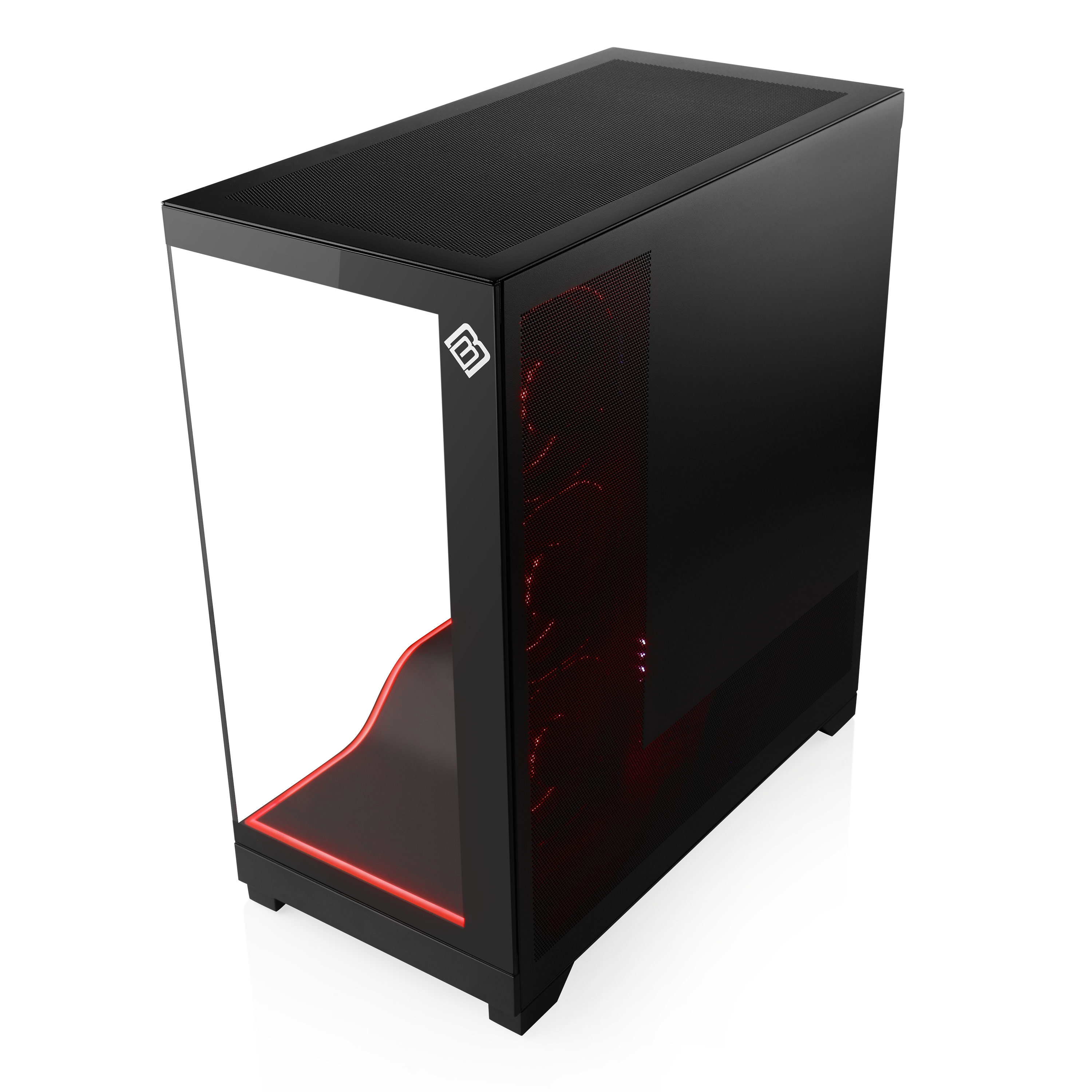 Schwarzes PC-Gehäuse mit Glasfront und roter Beleuchtung.