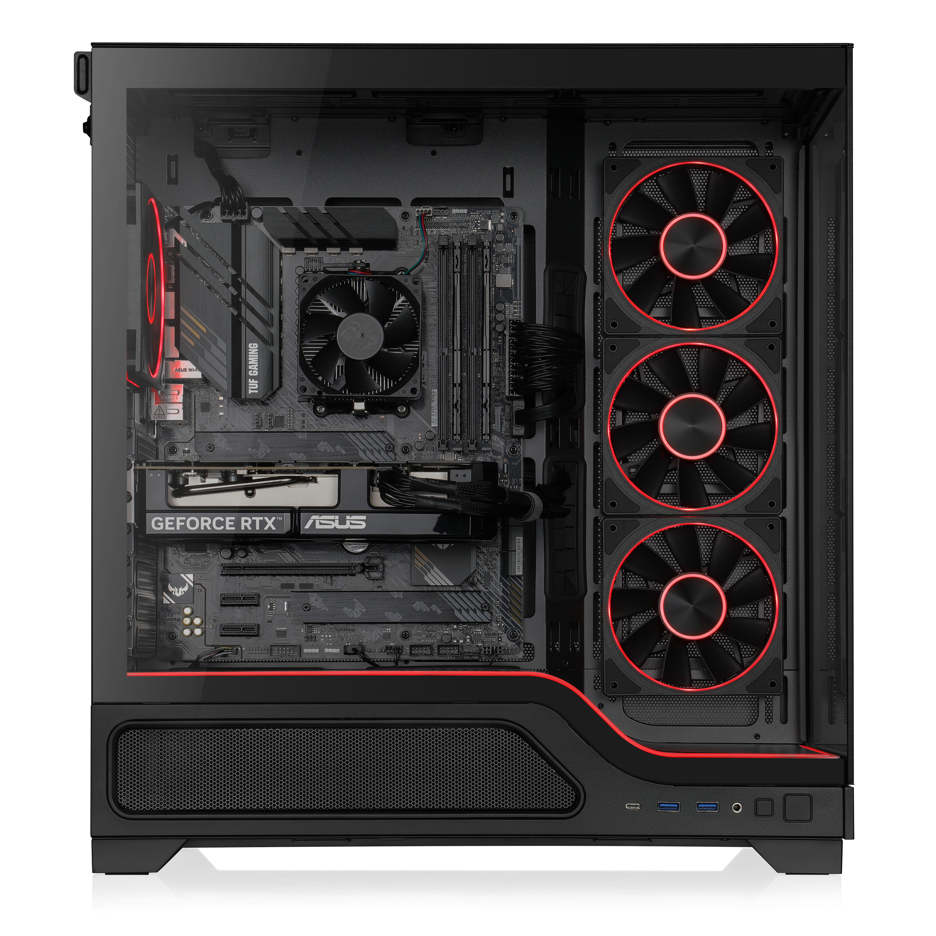 Ein schwarzer Gaming-PC mit roter LED-Beleuchtung und sichtbaren Komponenten.