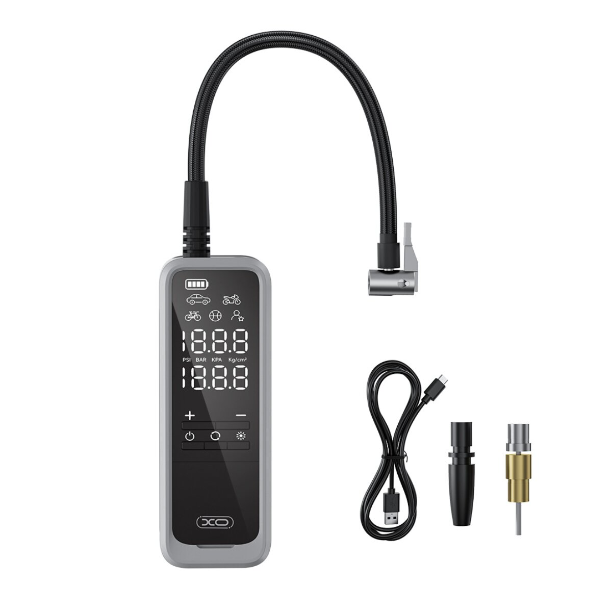 Digitaler Reifenfüller mit Schlauch, Kabel und Adaptern auf weißem Hintergrund.